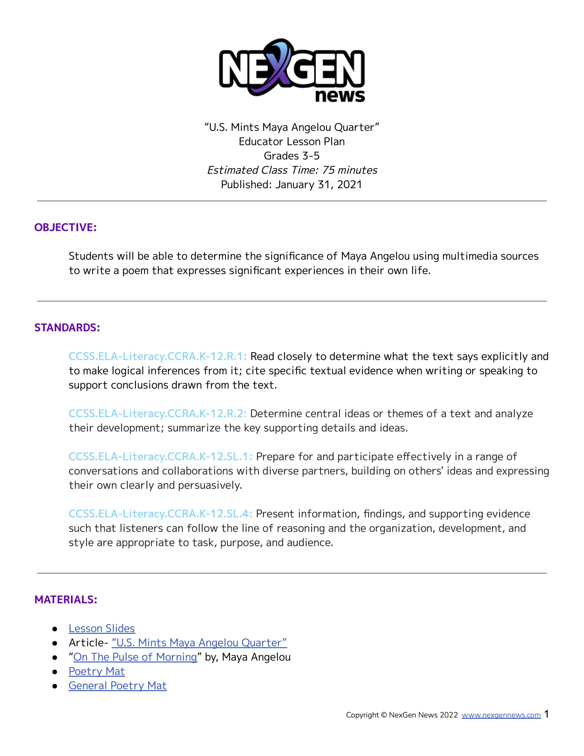 3-5 Lesson Plan _U.S. Mints Maya Angelou Quarter_pg1